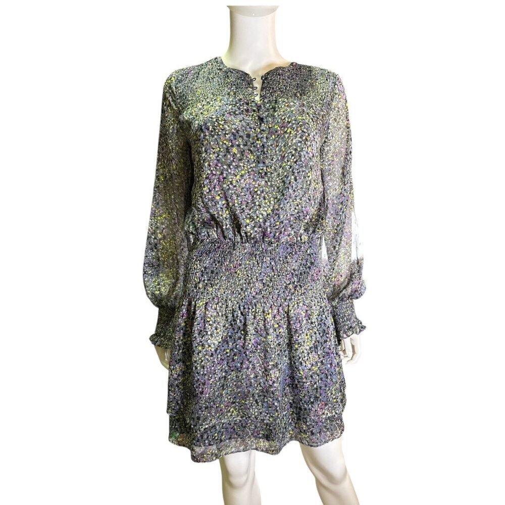 White House Black Market Smocked Waist Long Sheer Sleeve Dress Multi Size XS NWT